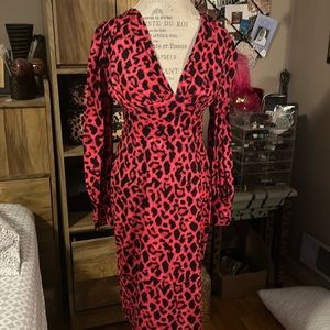 Hot Pink Leopard Long Sleeve MIDI Dress - Large